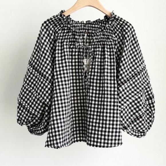 Free People Tops - Free People Checkered Smock-Neck Short Puff Sleeve Women's Top